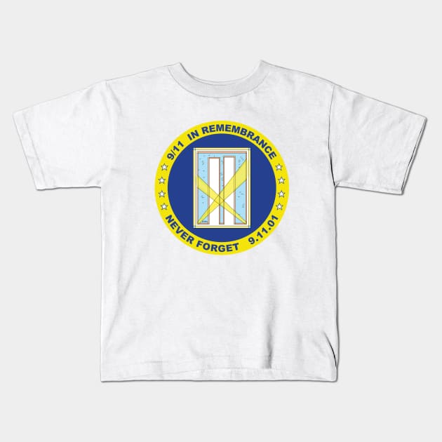 9/11 in Remembrance,  Never Forget, 9.11.01 in Dark Blue and Yellow Kids T-Shirt by Neil Feigeles